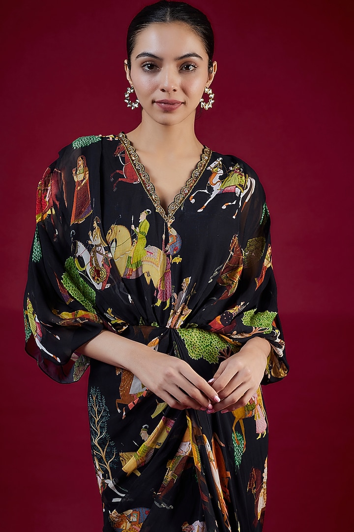 Black Georgette Mugal Printed & Hand Embroidered Draped Cocktail Dress by Rajat tangri at Pernia's Pop Up Shop