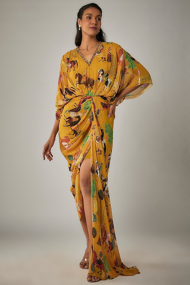 Mango Yellow Georgette Mughal Printed & Hand Embroidered Draped Dress by Rajat tangri 