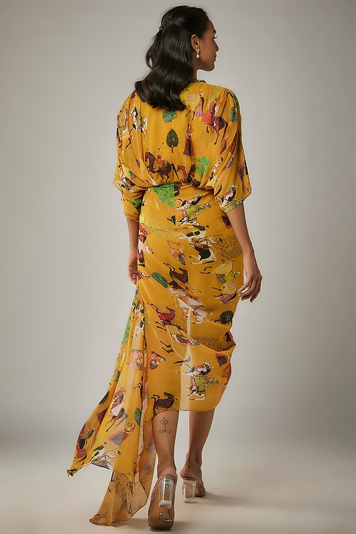 Mango Yellow Georgette Mughal Printed & Hand Embroidered Draped Cocktail Dress by Rajat tangri at Pernia's Pop Up Shop
