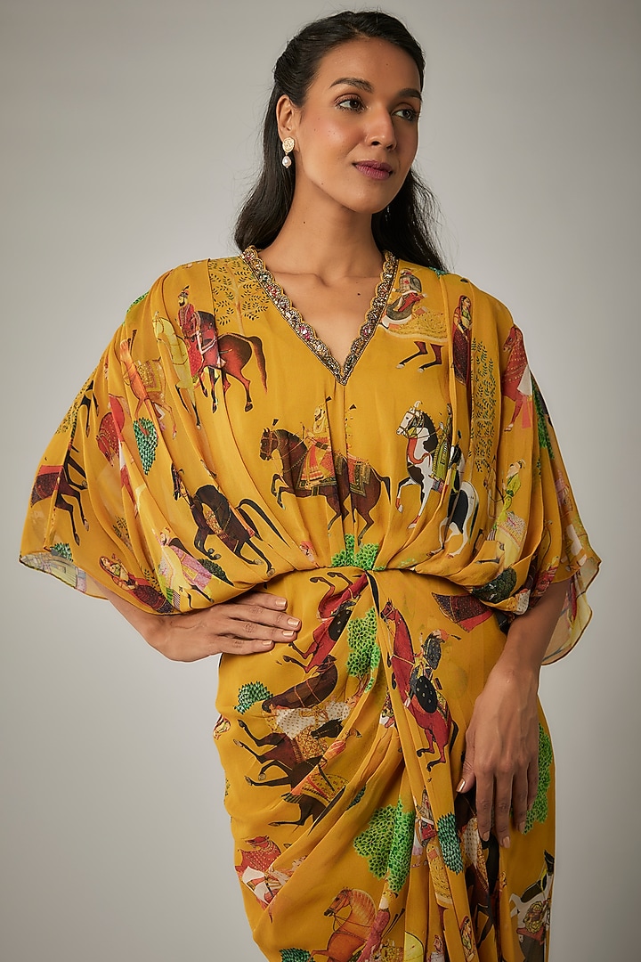 Mango Yellow Georgette Mughal Printed & Hand Embroidered Draped Cocktail Dress by Rajat tangri at Pernia's Pop Up Shop
