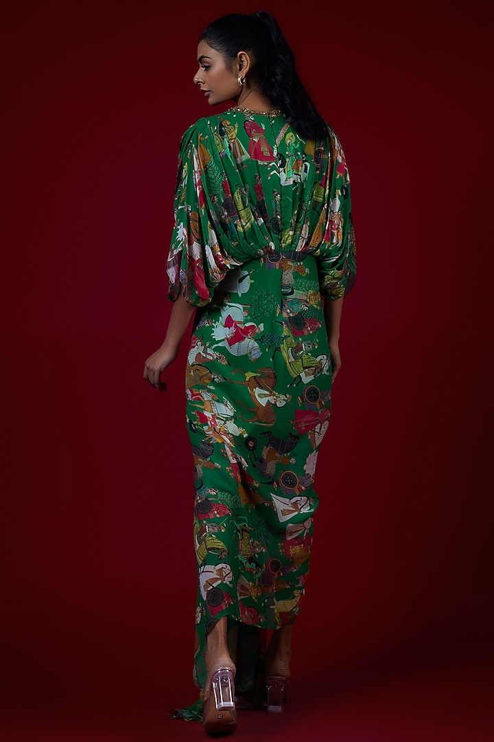 Green Georgette Mugal Printed & Hand Embroidered Draped Cocktail Dress by Rajat tangri at Pernia's Pop Up Shop