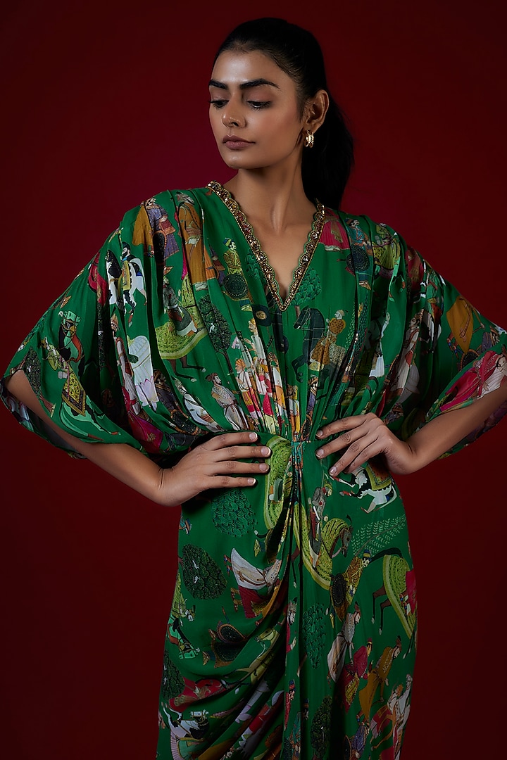 Green Georgette Mugal Printed & Hand Embroidered Draped Cocktail Dress by Rajat tangri at Pernia's Pop Up Shop