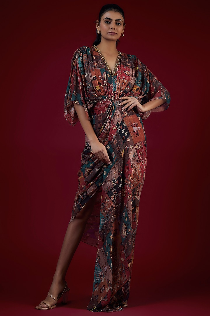 Multi-Colored Georgette Mughal Printed & Hand Embroidered Draped Dress by Rajat tangri 