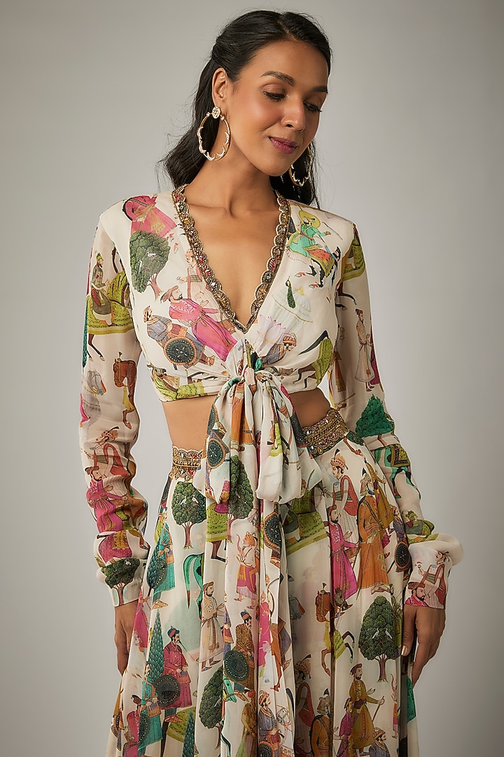 Ivory Georgette Mughal Printed Wedding Lehenga Set by Rajat tangri  at Pernia's Pop Up Shop