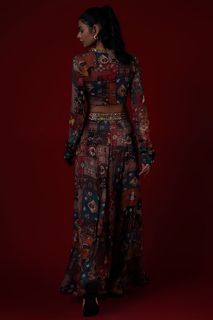 Multi-Colored Georgette Mughal Printed & Hand Embroidered Jumpsuit Wedding Lehenga Set by Rajat tangri at Pernia's Pop Up Shop