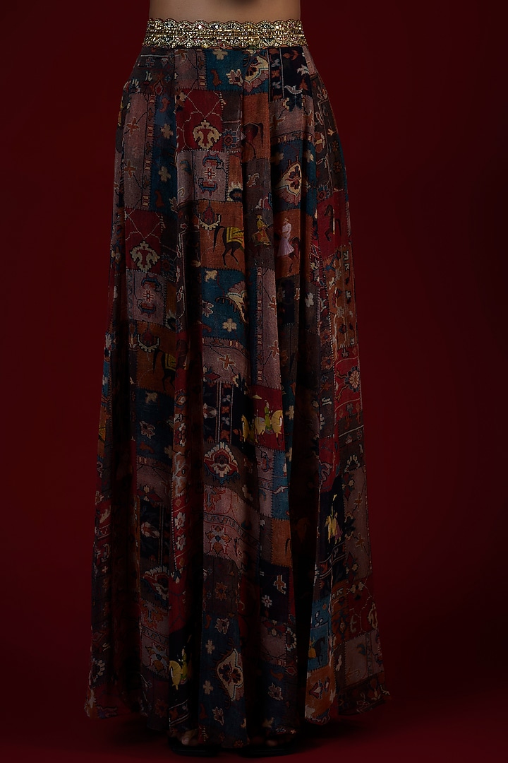 Multi-Colored Georgette Mughal Printed & Hand Embroidered Jumpsuit Wedding Lehenga Set by Rajat tangri at Pernia's Pop Up Shop