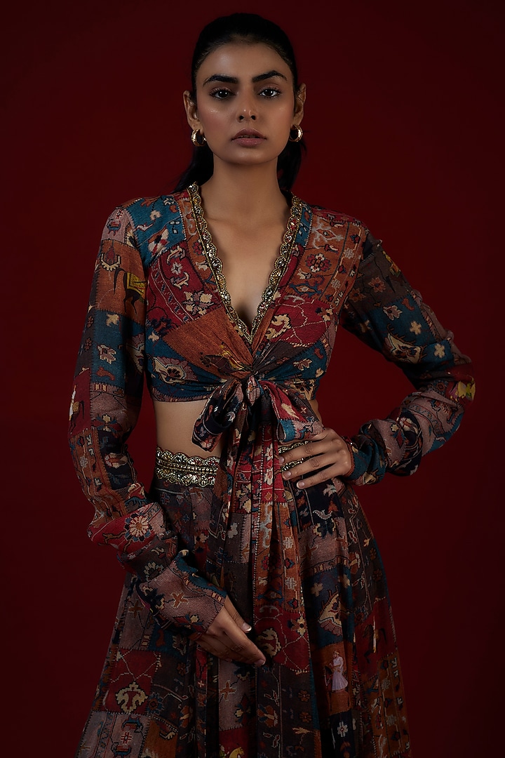 Multi-Colored Georgette Mughal Printed & Hand Embroidered Jumpsuit Wedding Lehenga Set by Rajat tangri at Pernia's Pop Up Shop