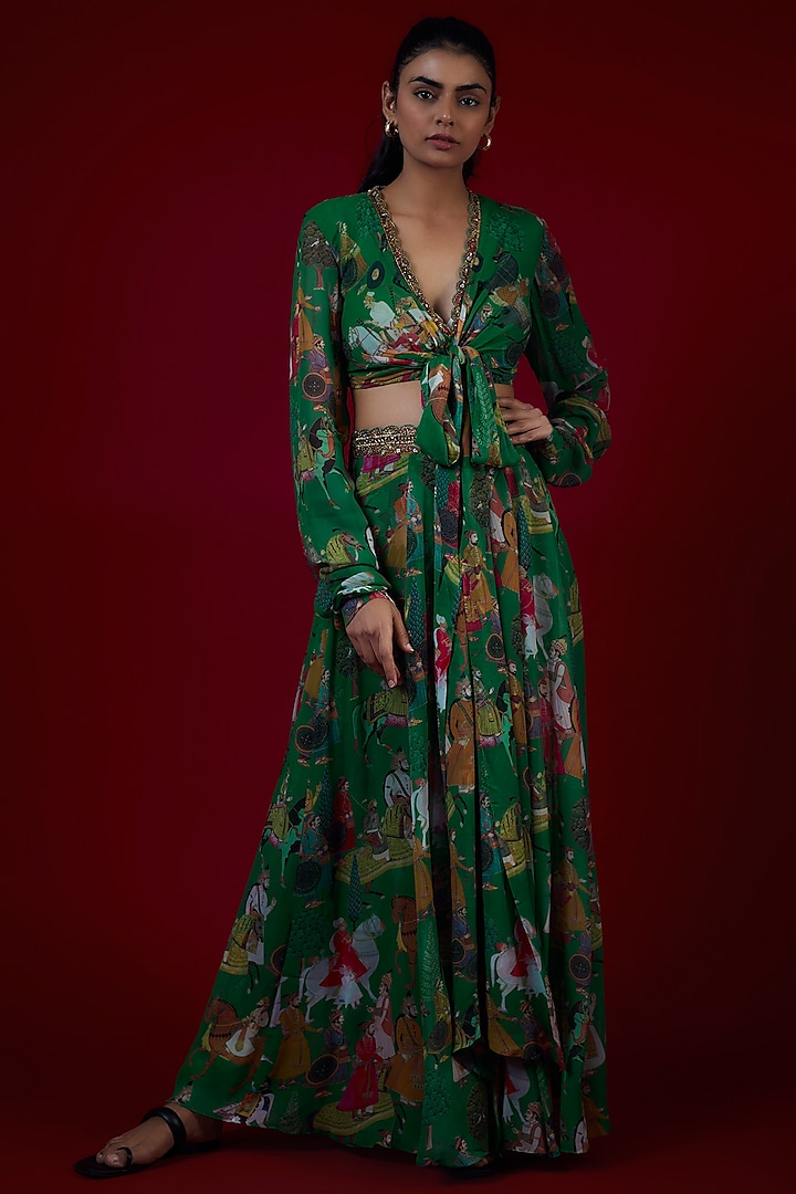 Green Georgette Mughal Printed & Hand Embroidered Jumpsuit Wedding Lehenga Set by Rajat tangri  at Pernia's Pop Up Shop