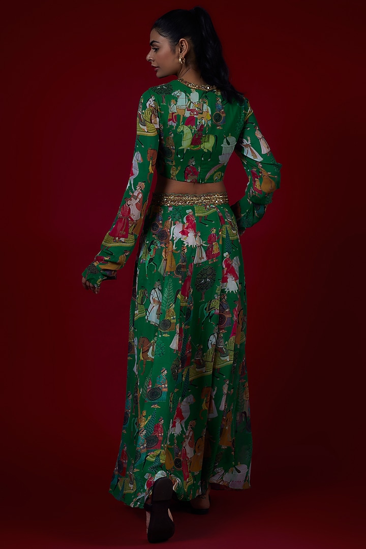 Green Georgette Mughal Printed & Hand Embroidered Jumpsuit Wedding Lehenga Set by Rajat tangri at Pernia's Pop Up Shop