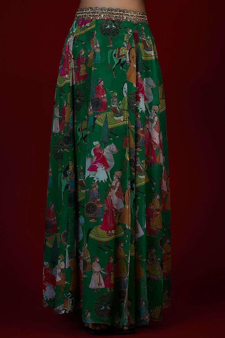 Green Georgette Mughal Printed & Hand Embroidered Jumpsuit Wedding Lehenga Set by Rajat tangri at Pernia's Pop Up Shop