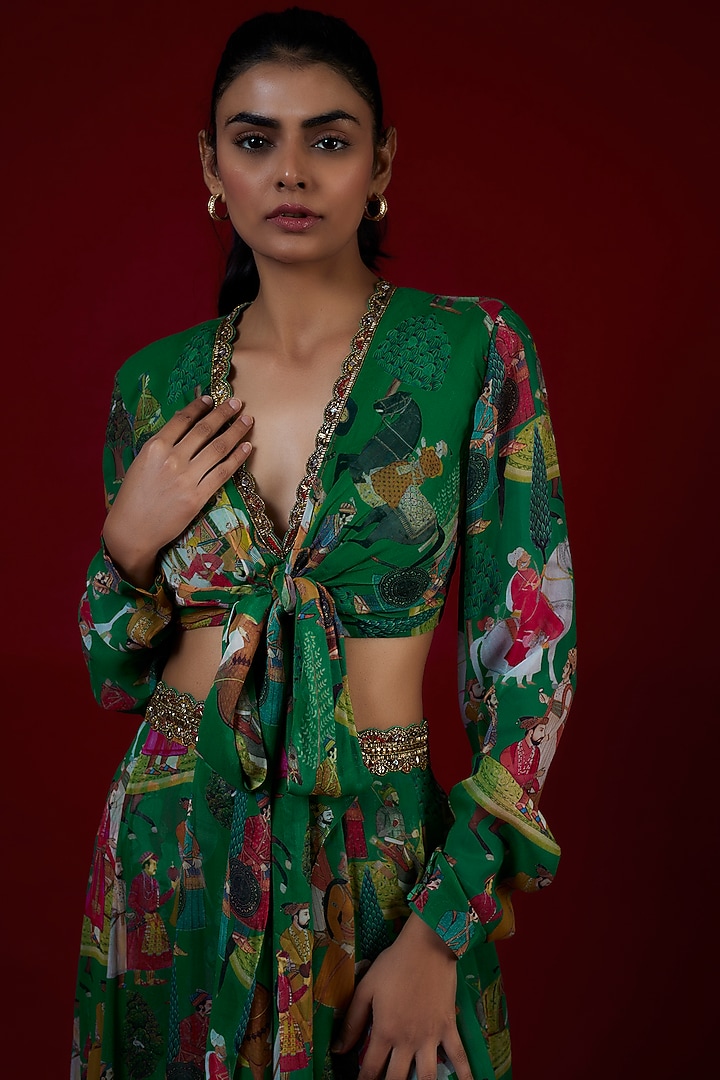 Green Georgette Mughal Printed & Hand Embroidered Jumpsuit Wedding Lehenga Set by Rajat tangri at Pernia's Pop Up Shop
