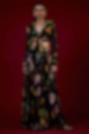 Black Georgette Mughal Printed & Hand Embroidered Jumpsuit Wedding Lehenga Set by Rajat tangri  at Pernia's Pop Up Shop