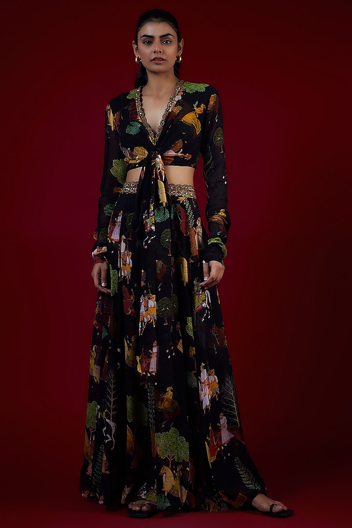 Black Georgette Mughal Printed & Hand Embroidered Jumpsuit Wedding Lehenga Set by Rajat tangri  at Pernia's Pop Up Shop