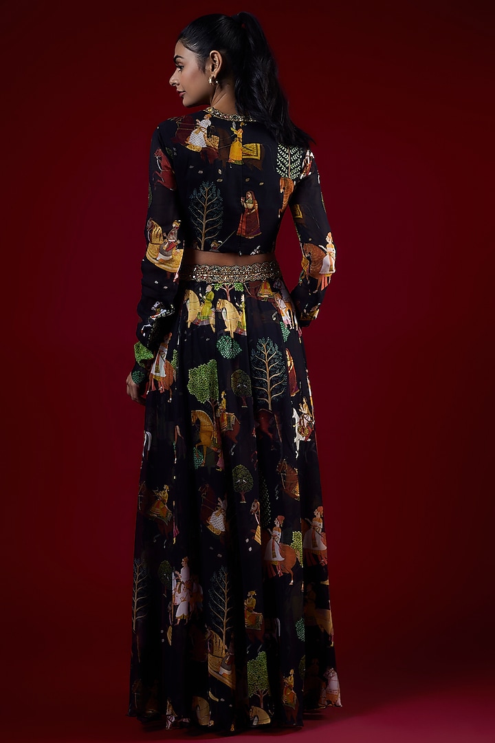 Black Georgette Mughal Printed & Hand Embroidered Jumpsuit Wedding Lehenga Set by Rajat tangri at Pernia's Pop Up Shop