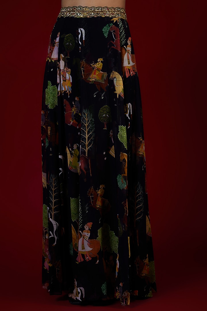 Black Georgette Mughal Printed & Hand Embroidered Jumpsuit Wedding Lehenga Set by Rajat tangri at Pernia's Pop Up Shop