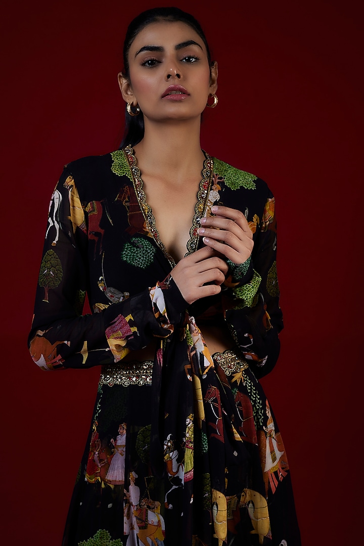 Black Georgette Mughal Printed & Hand Embroidered Jumpsuit Wedding Lehenga Set by Rajat tangri at Pernia's Pop Up Shop