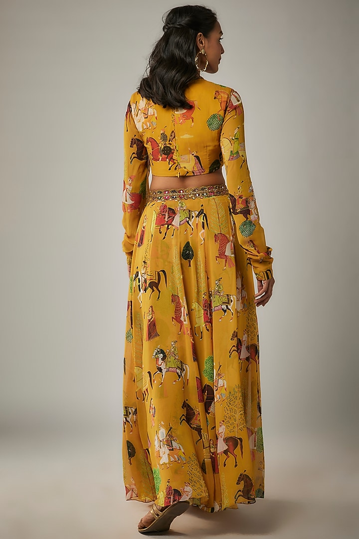Mango Yellow Georgette Mughal Printed Wedding Lehenga Set by Rajat tangri  at Pernia's Pop Up Shop