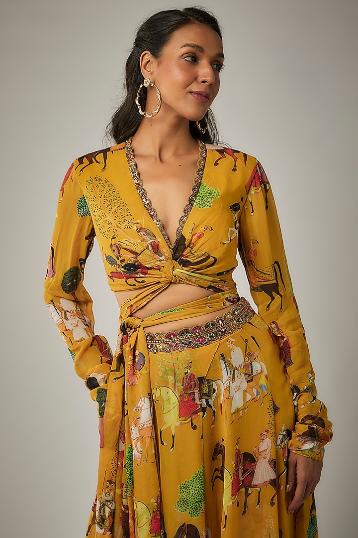 Mango Yellow Georgette Mughal Printed Wedding Lehenga Set by Rajat tangri  at Pernia's Pop Up Shop