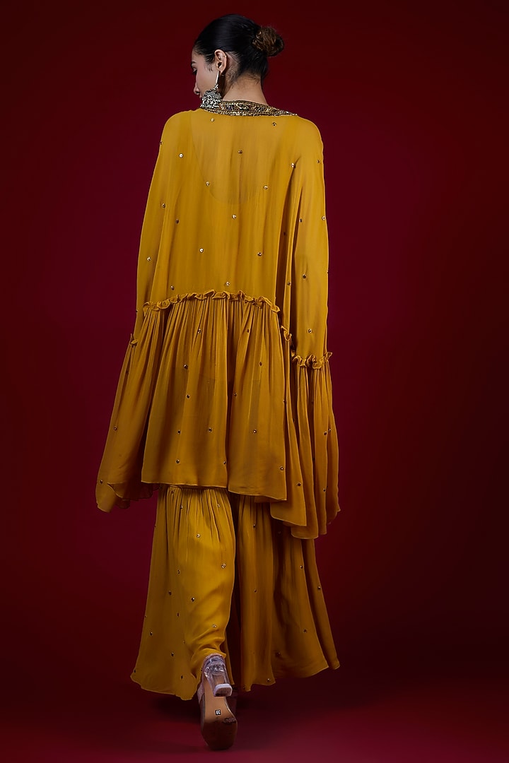 Mango Yellow Georgette Hand Embroidered Wedding Sharara Set by Rajat tangri at Pernia's Pop Up Shop