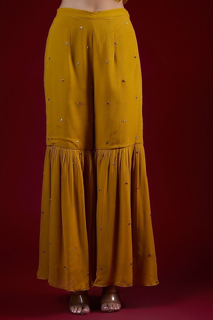 Mango Yellow Georgette Hand Embroidered Wedding Sharara Set by Rajat tangri at Pernia's Pop Up Shop