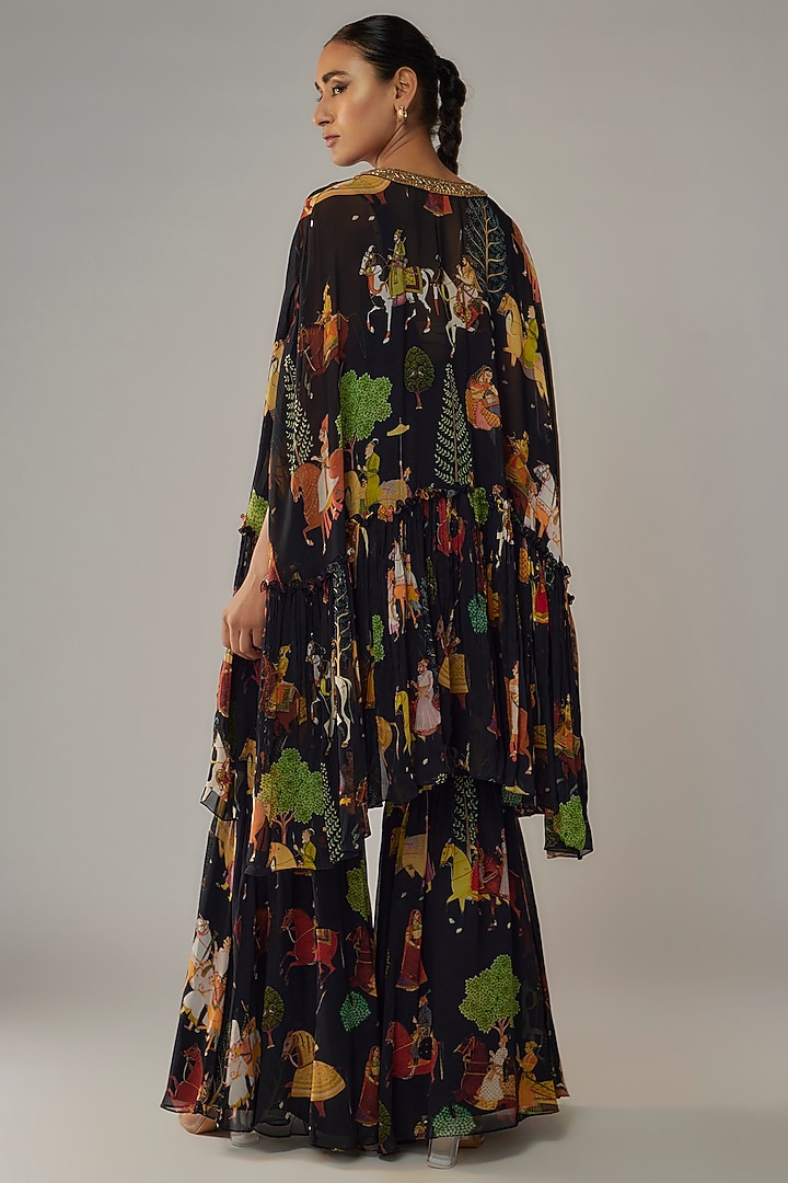 Black Georgette Mughal Printed Wedding Sharara Set by Rajat tangri at Pernia's Pop Up Shop
