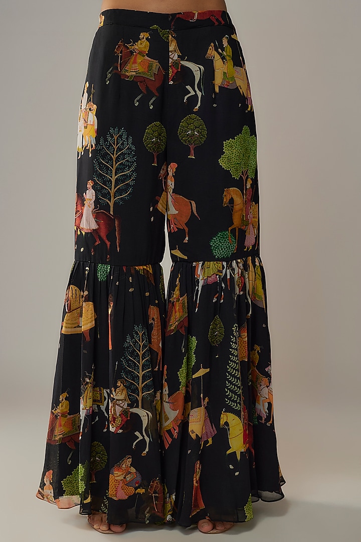 Black Georgette Mughal Printed Wedding Sharara Set by Rajat tangri at Pernia's Pop Up Shop