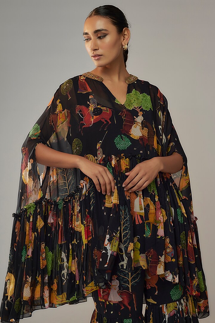 Black Georgette Mughal Printed Wedding Sharara Set by Rajat tangri at Pernia's Pop Up Shop