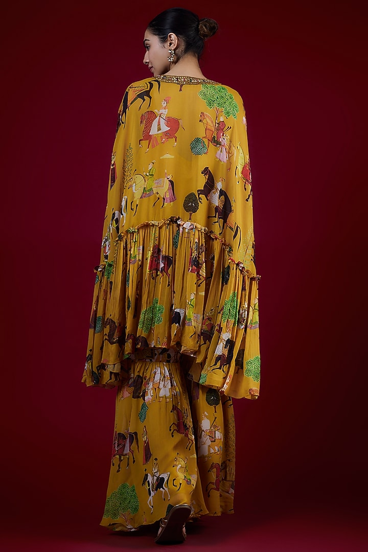 Mango Yellow Georgette Mughal Printed & Hand Embroidered Wedding Sharara Set by Rajat tangri at Pernia's Pop Up Shop