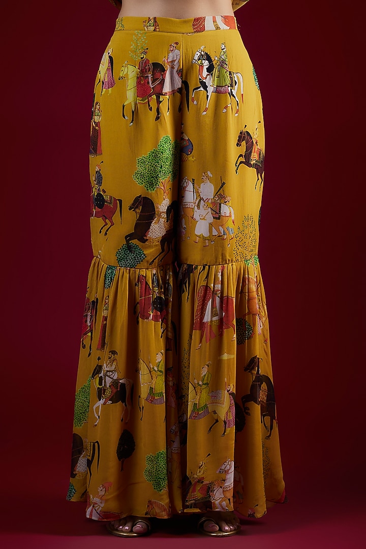 Mango Yellow Georgette Mughal Printed & Hand Embroidered Wedding Sharara Set by Rajat tangri at Pernia's Pop Up Shop