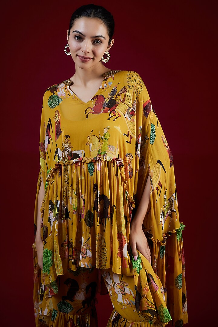 Mango Yellow Georgette Mughal Printed & Hand Embroidered Wedding Sharara Set by Rajat tangri at Pernia's Pop Up Shop