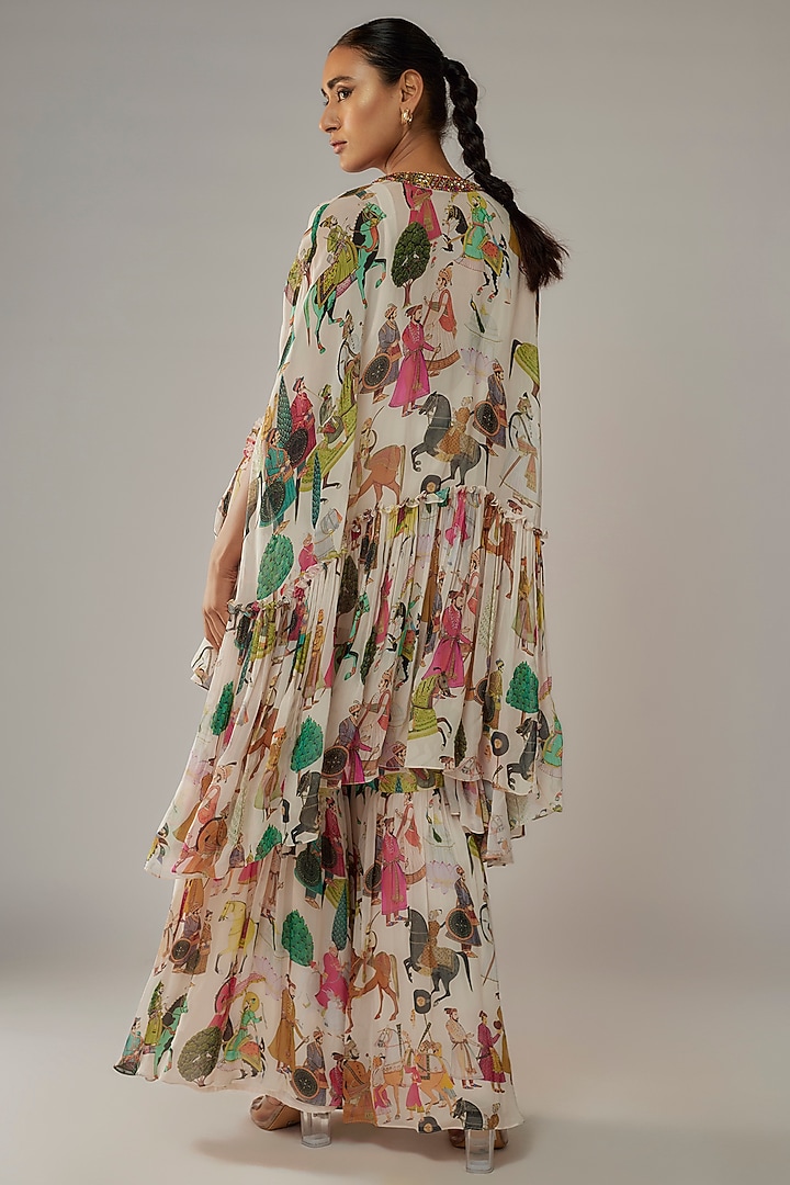 Ivory Georgette Mughal Printed Wedding Sharara Set by Rajat tangri at Pernia's Pop Up Shop