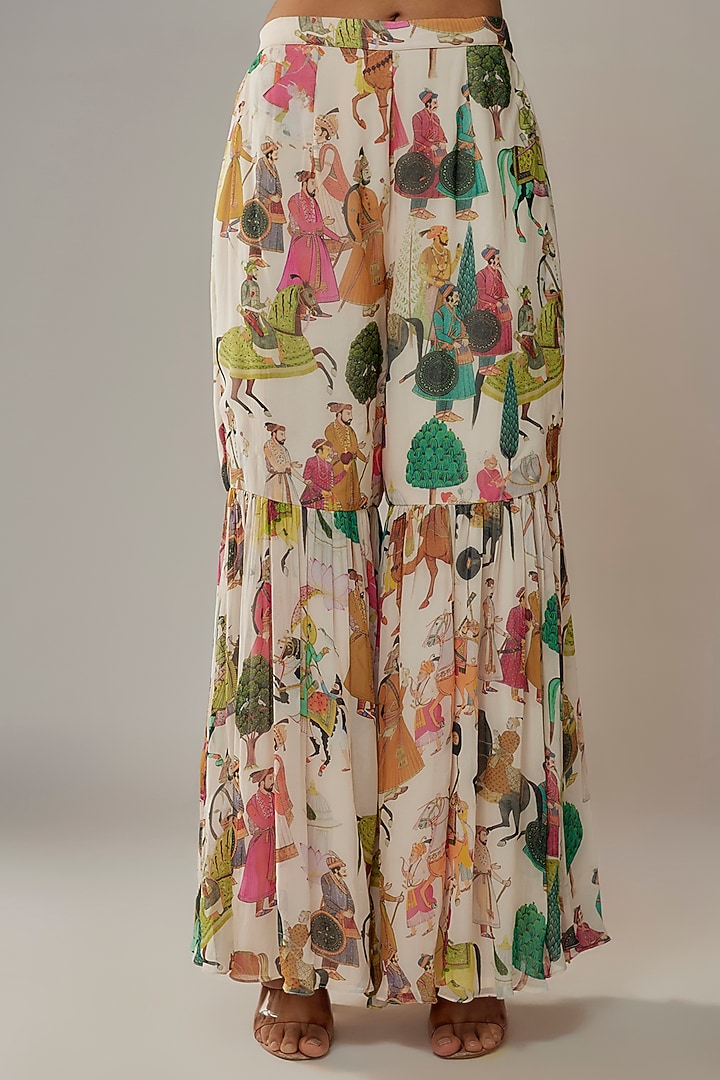 Ivory Georgette Mughal Printed Wedding Sharara Set by Rajat tangri at Pernia's Pop Up Shop
