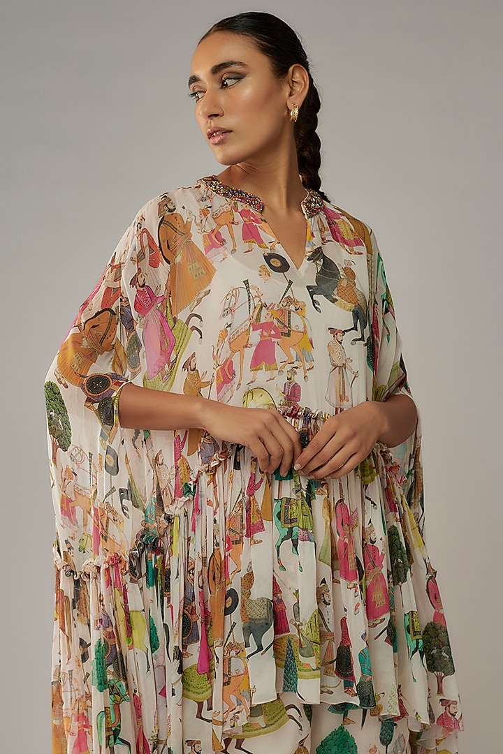 Ivory Georgette Mughal Printed Wedding Sharara Set by Rajat tangri at Pernia's Pop Up Shop