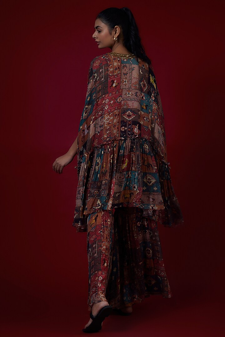 Multi- Colored Georgette Mughal Printed & Hand Embroidered Wedding Sharara Set by Rajat tangri at Pernia's Pop Up Shop