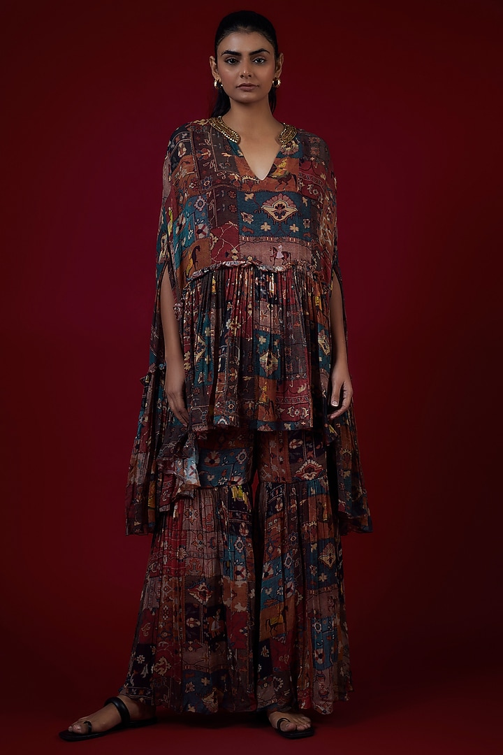 Multi- Colored Georgette Mughal Printed & Hand Embroidered Wedding Sharara Set by Rajat tangri at Pernia's Pop Up Shop