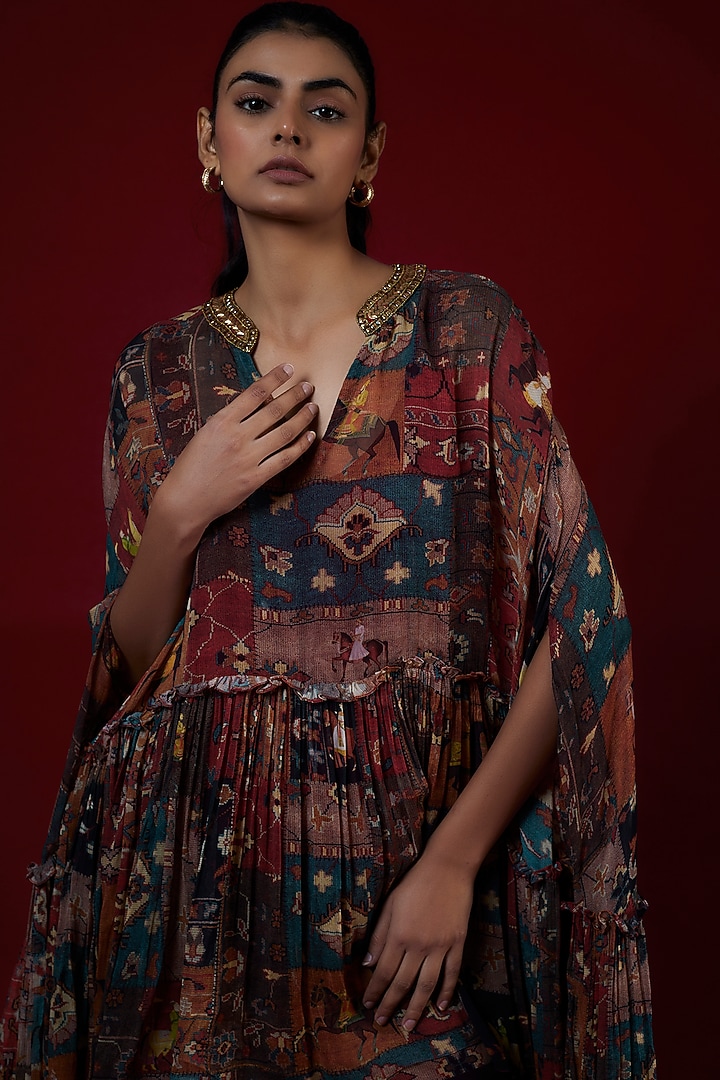 Multi- Colored Georgette Mughal Printed & Hand Embroidered Wedding Sharara Set by Rajat tangri at Pernia's Pop Up Shop