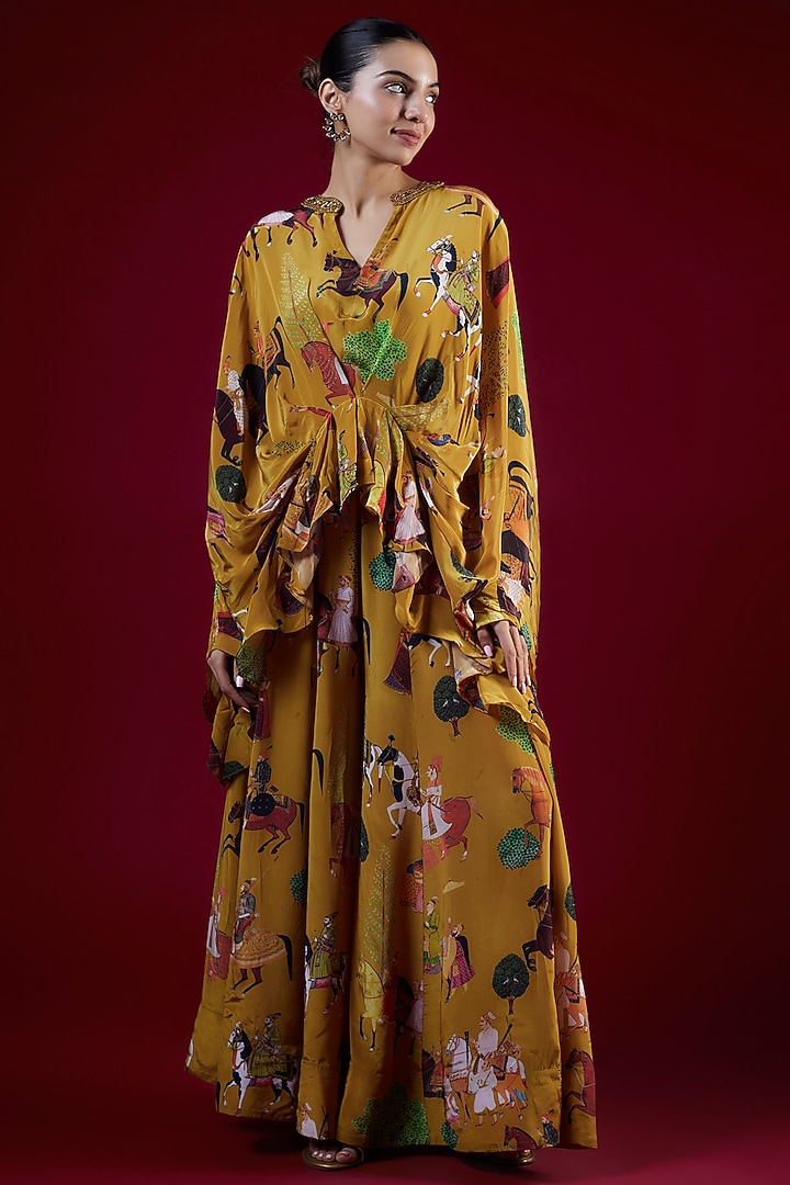 Mango Yellow Crepe Hand Embroidered Co-Ord Set by Rajat tangri at Pernia's Pop Up Shop