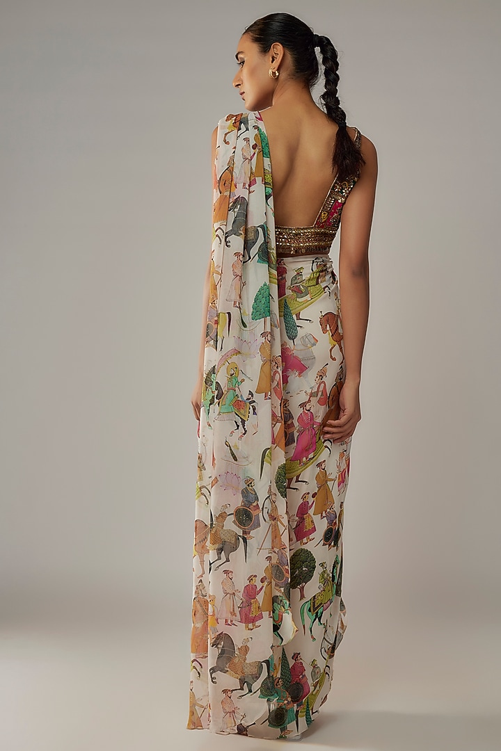 Ivory Georgette Pre-Stitched Wedding Saree Set by Rajat tangri  at Pernia's Pop Up Shop