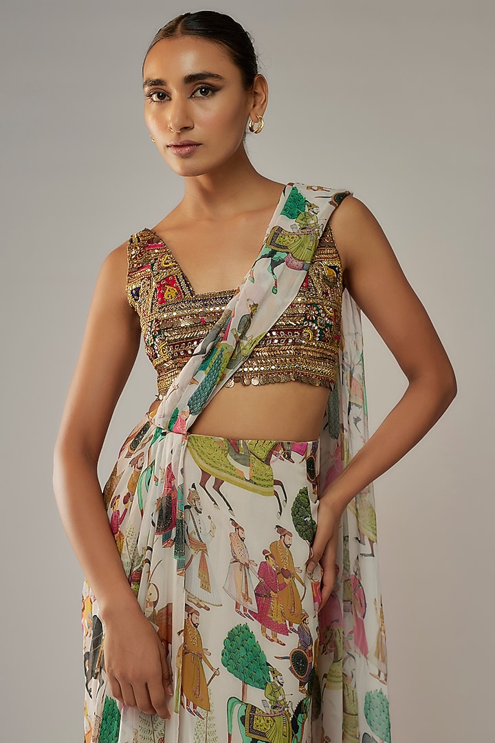 Ivory Georgette Pre-Stitched Wedding Saree Set by Rajat tangri  at Pernia's Pop Up Shop
