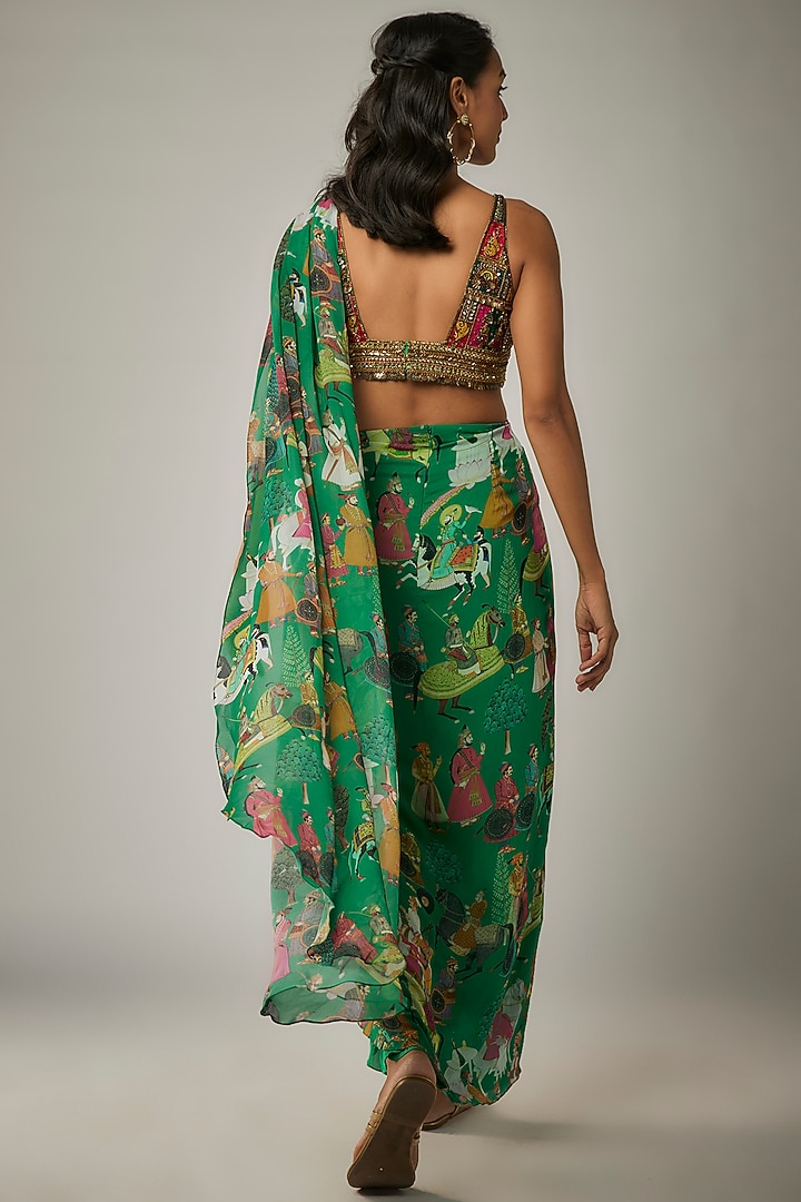 Green Georgette Pre-Stitched Wedding Saree Set by Rajat tangri at Pernia's Pop Up Shop