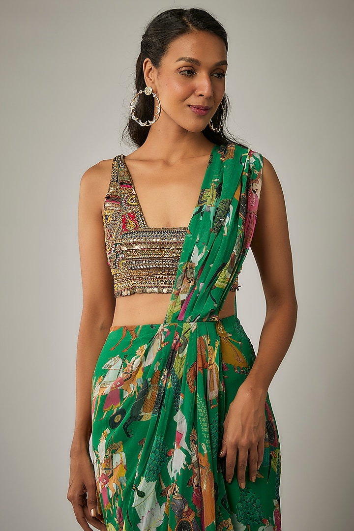 Green Georgette Pre-Stitched Wedding Saree Set by Rajat tangri at Pernia's Pop Up Shop