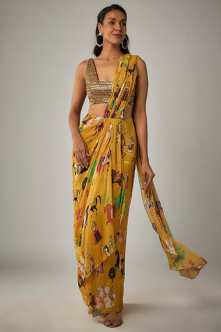 Mango Yellow Georgette Pre-Stitched Saree Set by Rajat tangri  at Pernia's Pop Up Shop