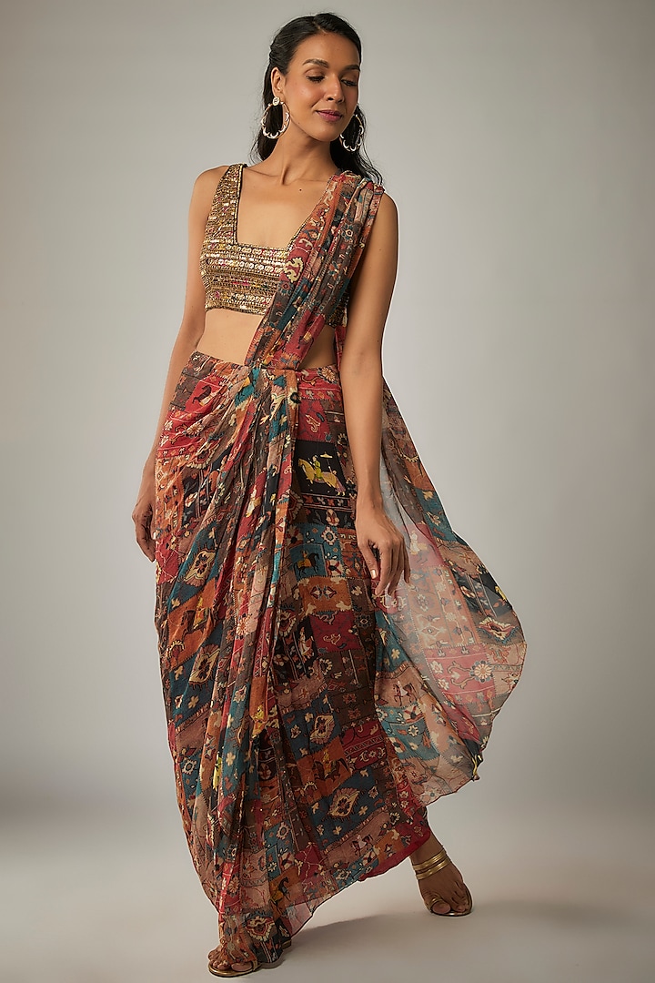 Multi-Colored Georgette Pre-Stitched Saree Set by Rajat tangri  at Pernia's Pop Up Shop