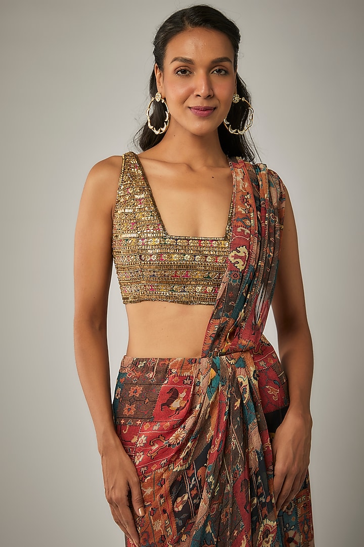 Multi-Colored Georgette Pre-Stitched Wedding Saree Set by Rajat tangri at Pernia's Pop Up Shop