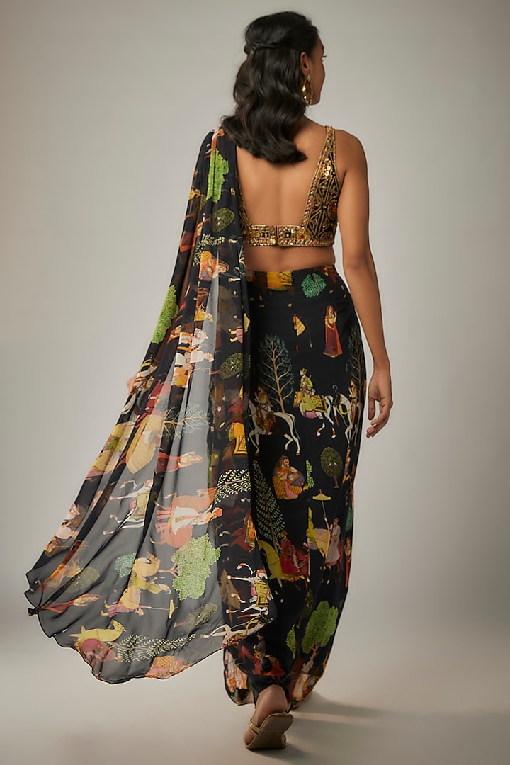 Black Georgette Pre-Stitched Wedding Saree Set by Rajat tangri at Pernia's Pop Up Shop