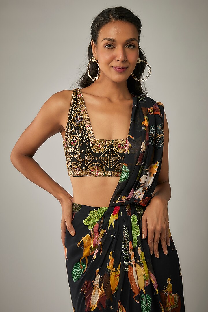 Black Georgette Pre-Stitched Wedding Saree Set by Rajat tangri at Pernia's Pop Up Shop
