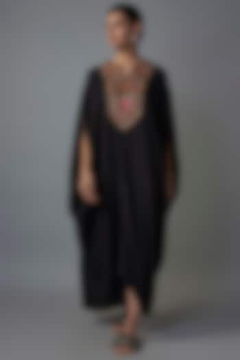 Black Crepe Patch Embroidered Kaftan by Rajat tangri  at Pernia's Pop Up Shop