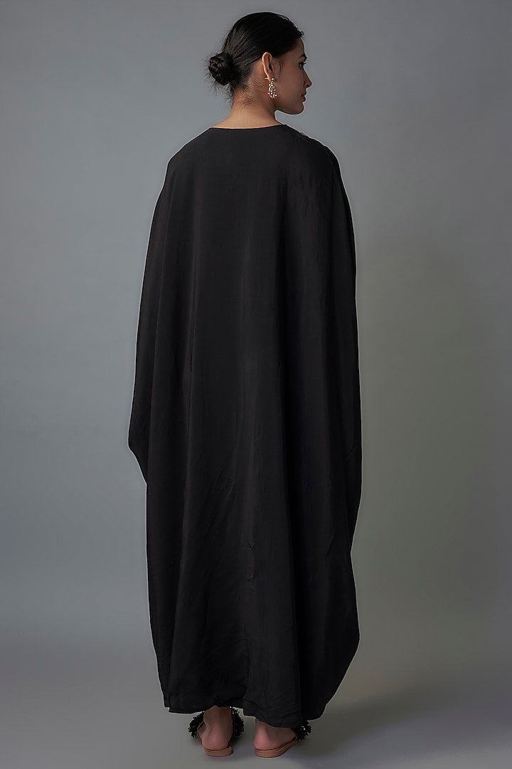 Black Crepe Patch Embroidered Kaftan by Rajat tangri at Pernia's Pop Up Shop