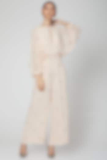 Beige Hand Embroidered Jumpsuit by Rajat tangri 
