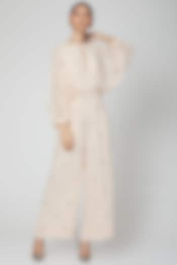 Beige Hand Embroidered Jumpsuit by Rajat tangri  at Pernia's Pop Up Shop